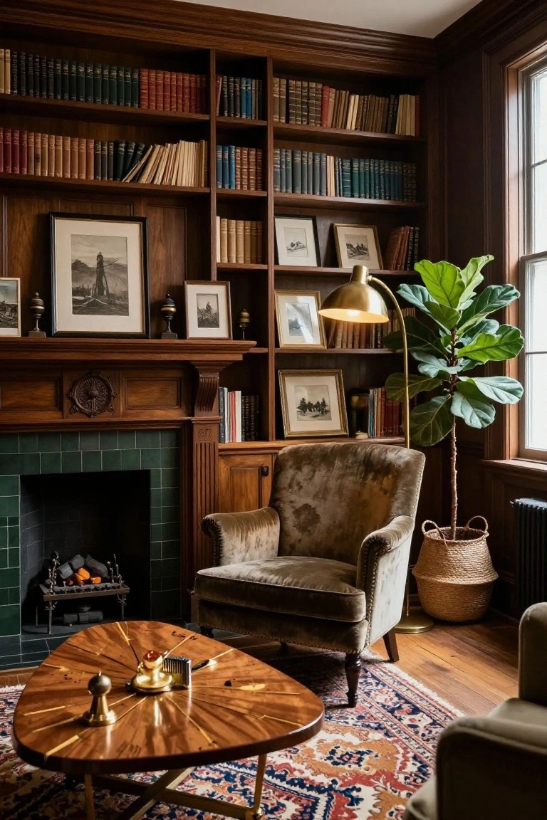 Corner of a wood-paneled living room with floor-to-ceiling built-in bookshelves filled with books and art, emerald green tiled fireplace with burning logs, velvet armchair, fiddle leaf fig plant in basket, brass arched lamp, and triangular wood coffee table on Persian rug.