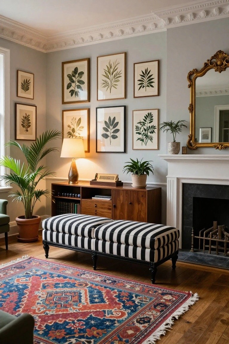 Victorian living room featuring gray walls with ornate ceiling moldings, a gallery wall of framed botanical leaf prints, potted palm and other plants, wood credenza with lamp, striped ottoman, gold mirror, white fireplace, and patterned rug on wood floors.