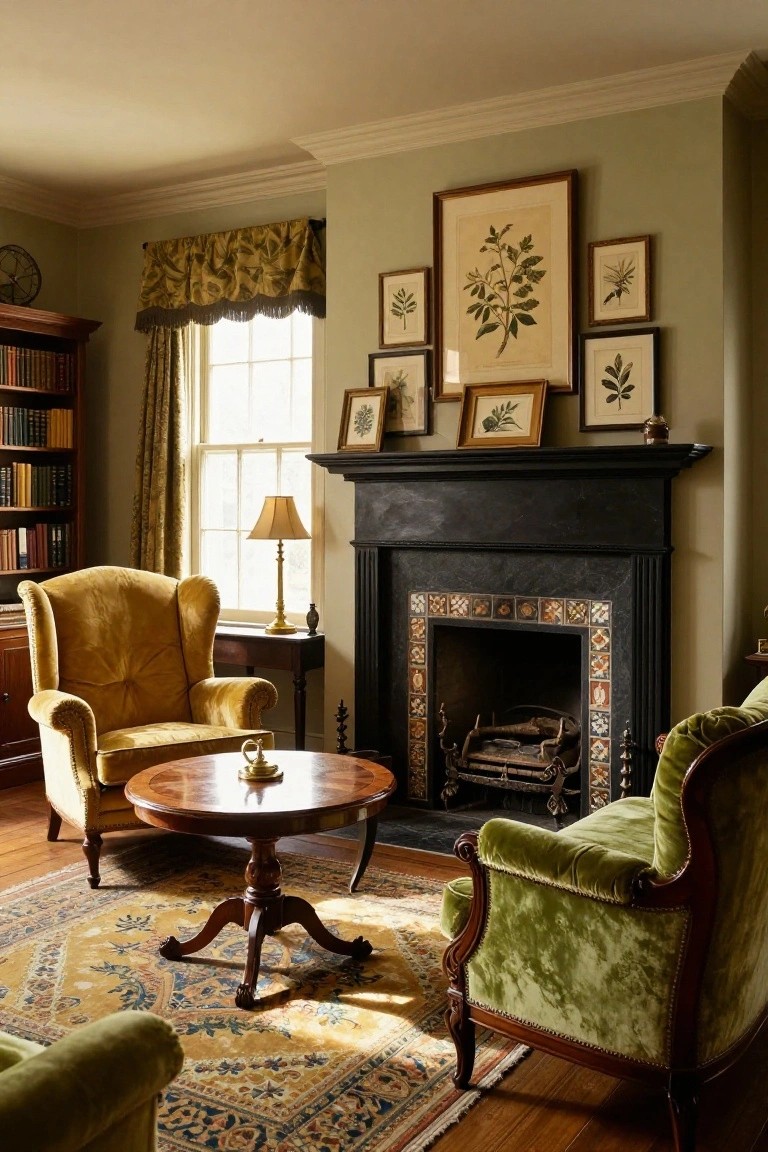 Pale green living room with a black fireplace mantel displaying a large central botanical print flanked by smaller framed leaf and plant illustrations, yellow velvet wingback chair, green velvet armchair, round wooden table, and bookshelves.