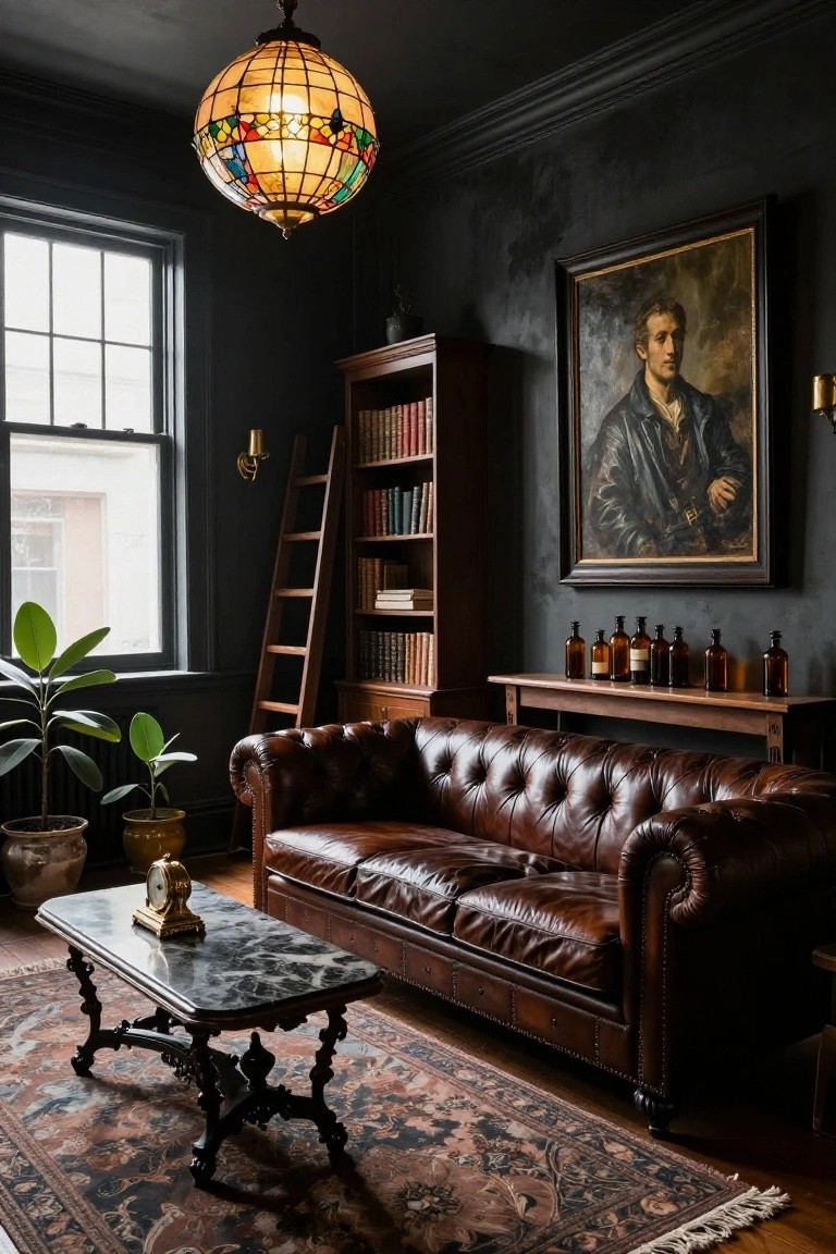 Dark-walled Victorian-style living room with tall wooden bookshelves and sliding ladder, brown tufted leather sofa, stained glass ceiling lamp, portrait painting, and glass apothecary bottles on a wooden shelf.
