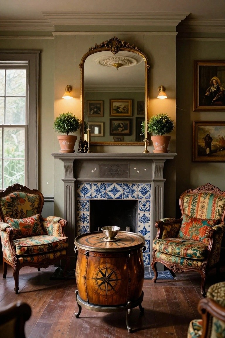 Sage green living room with blue tiled fireplace, gold arched mirror above mantel, two colorful patterned armchairs facing each other across wooden barrel table, potted plants and framed art on walls.