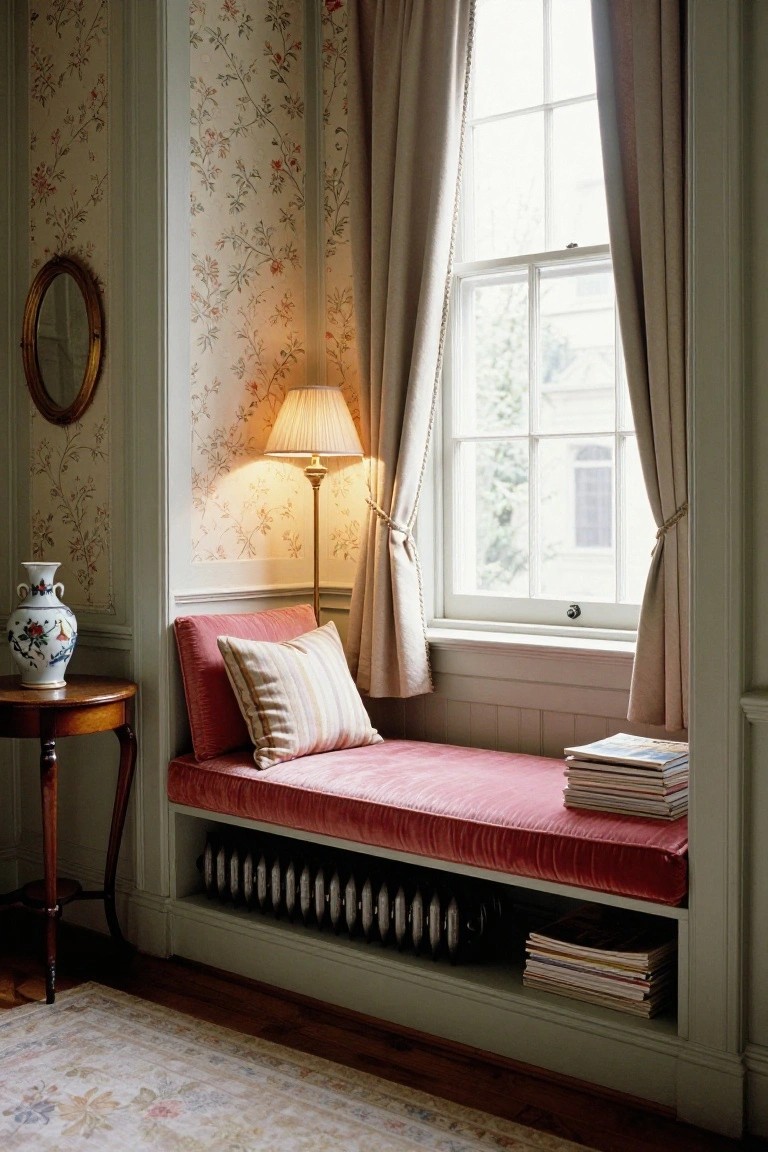 A Victorian living room corner with pink velvet built-in window seat under a tall window with cream curtains, radiator and bookshelves below the seat, a lit lamp, round mirror, side table with blue-and-white vase, and floral wallpaper.