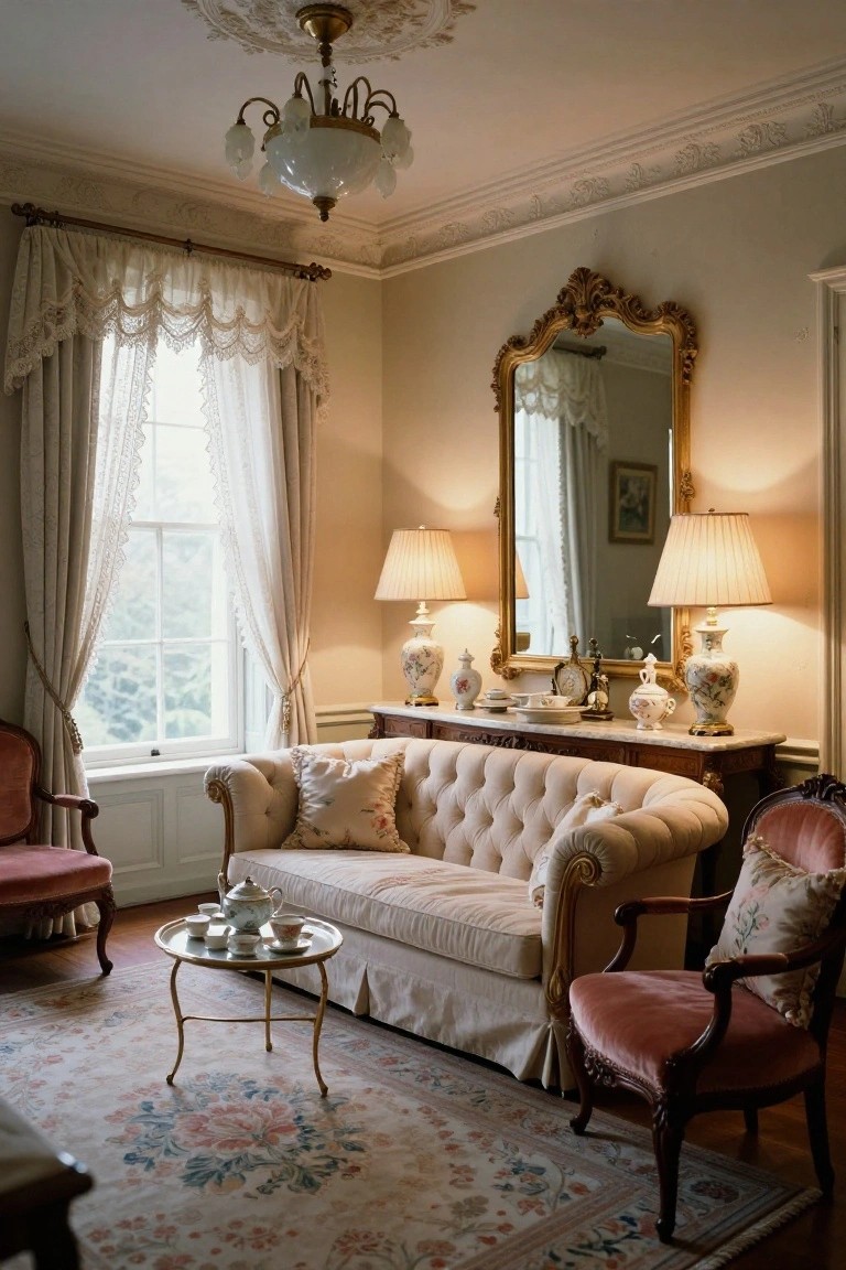 Victorian living room featuring a central cream tufted sofa with matching pillows, flanked by rose velvet armchairs, a brass tea table with porcelain cups and teapot, ornate gold mirror above a sideboard with vases and lamps, tall sheer-curtained windows, and a patterned rug on wood floors.
