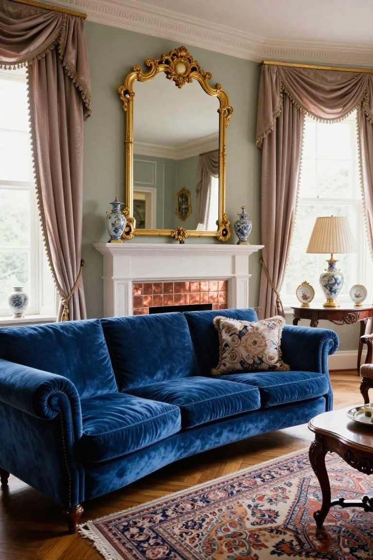 A curved navy blue velvet sofa sits in a Victorian living room with pale green walls, a white fireplace tiled in copper, a large gold-framed mirror above the mantel, Chinese porcelain vases, and taupe drapes on the windows over a Persian rug.