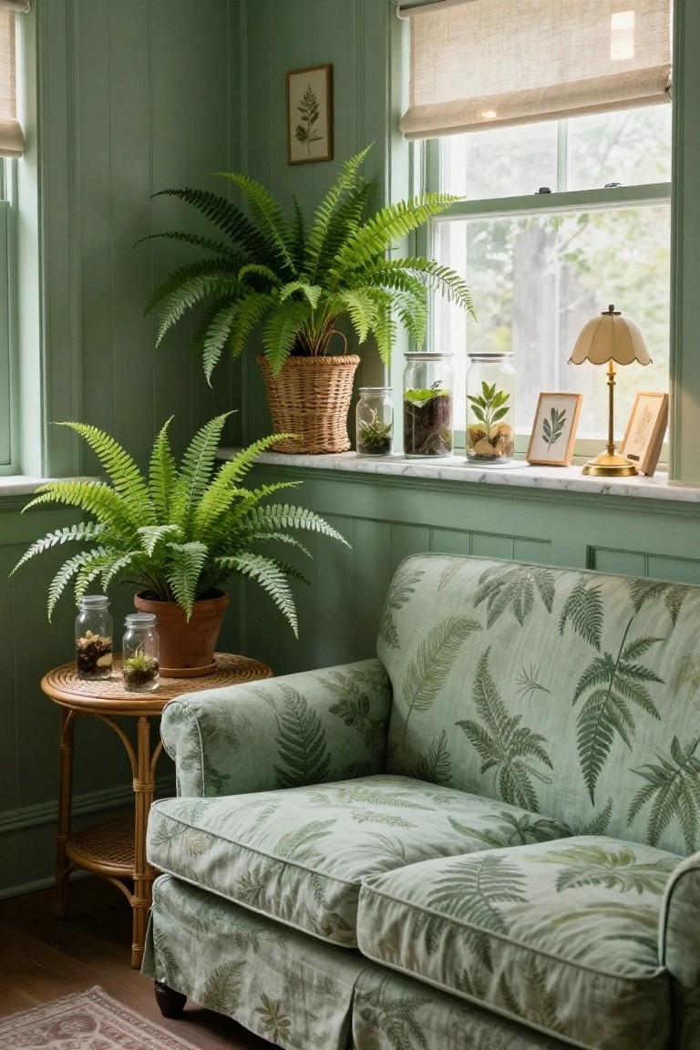 Sage green paneled corner of a living room with fern-patterned sofa, multiple potted ferns, terrariums in glass jars on windowsill and wicker side table, brass lamp, and fern artwork.