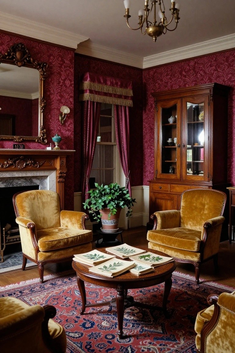 Victorian living room with crimson floral wallpaper, gold velvet armchairs arranged around a round wooden coffee table holding open books with leaf illustrations, marble fireplace, antique wooden cabinet, potted plant, chandelier, and red Persian rug.