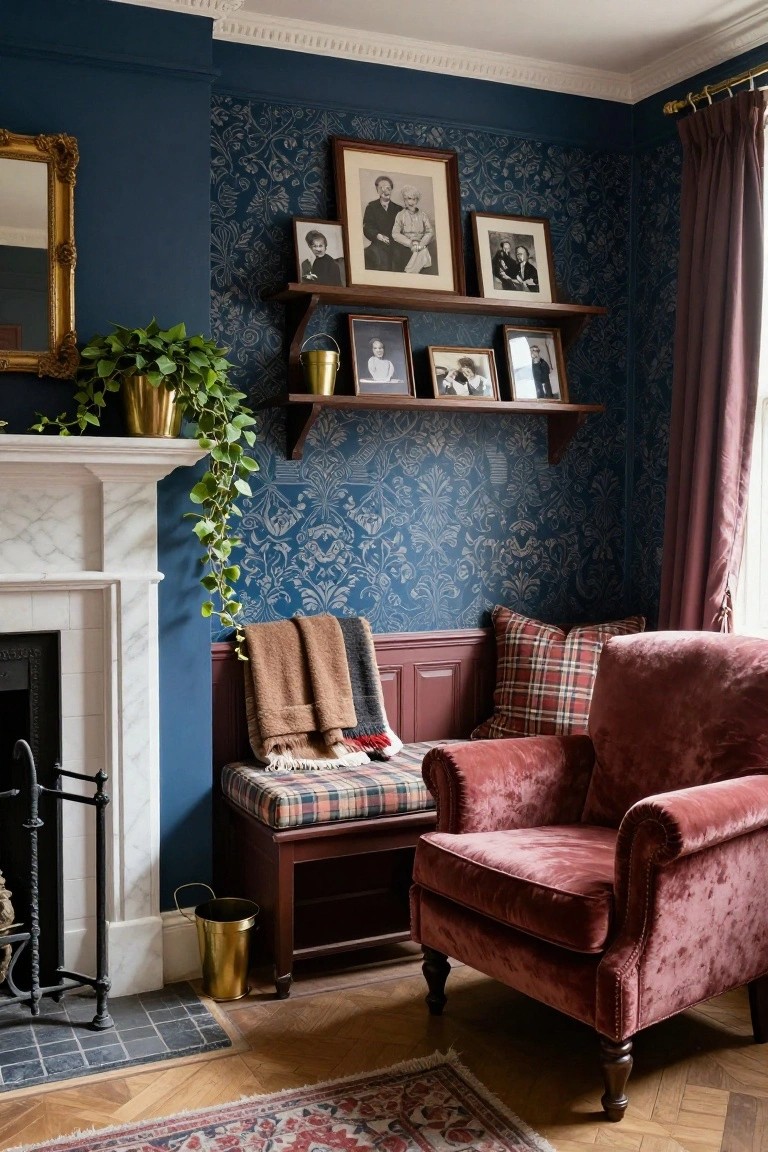 Corner of a living room with navy walls covered in silver damask wallpaper, marble fireplace, built-in wooden bench with plaid cushion and throws, adjacent pink velvet armchair, wooden shelves holding framed black-and-white photos, brass bucket and plant pot, maroon drapes, and parquet flooring with Persian rug.