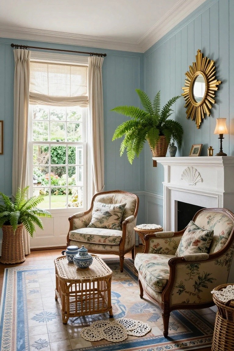 Light blue paneled living room with two floral-upholstered armchairs facing a white shell-motif fireplace, rattan table holding blue porcelain, potted ferns, gold sunburst mirror, and large sash window with cream drapes overlooking a garden.