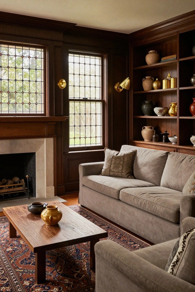 Wood-paneled living room with leaded glass windows, stone fireplace, gray sofa, low wood coffee table holding ceramics, and built-in shelves displaying assorted pottery vases and jars.