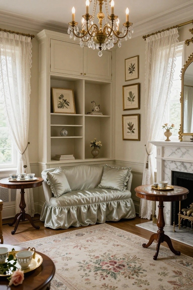 Corner of a cream-colored Victorian living room with built-in shelving displaying books and vases, silver-grey skirted loveseat, wooden side tables with teacups and saucers, lace curtains on windows, brass chandelier, and marble fireplace.