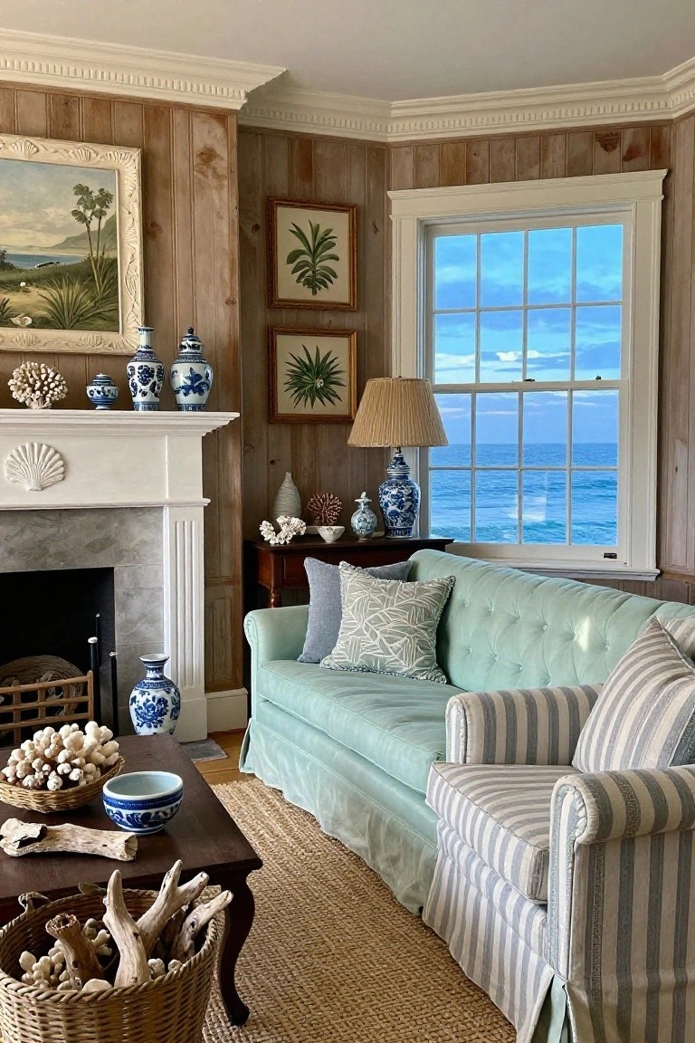 Corner view of a living room with light shiplap wood-paneled walls, white shell-carved fireplace mantel holding blue and white porcelain vases and coral, mint green tufted sofa, striped armchair, wood coffee table with driftwood and baskets, sisal rug, and large window overlooking blue ocean.