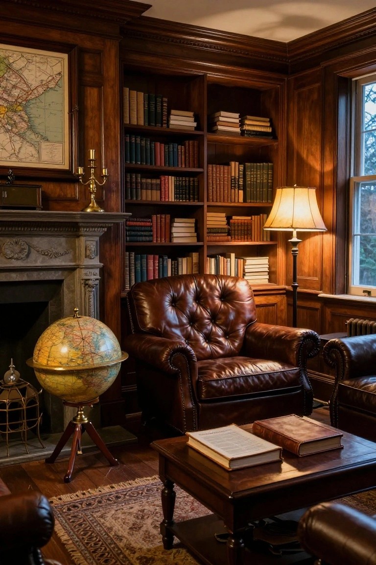 Wood-paneled library room with built-in bookshelves filled with books, stone fireplace, tufted leather armchairs, wooden globe on stand, brass candelabra, lamp, and coffee table holding open books.