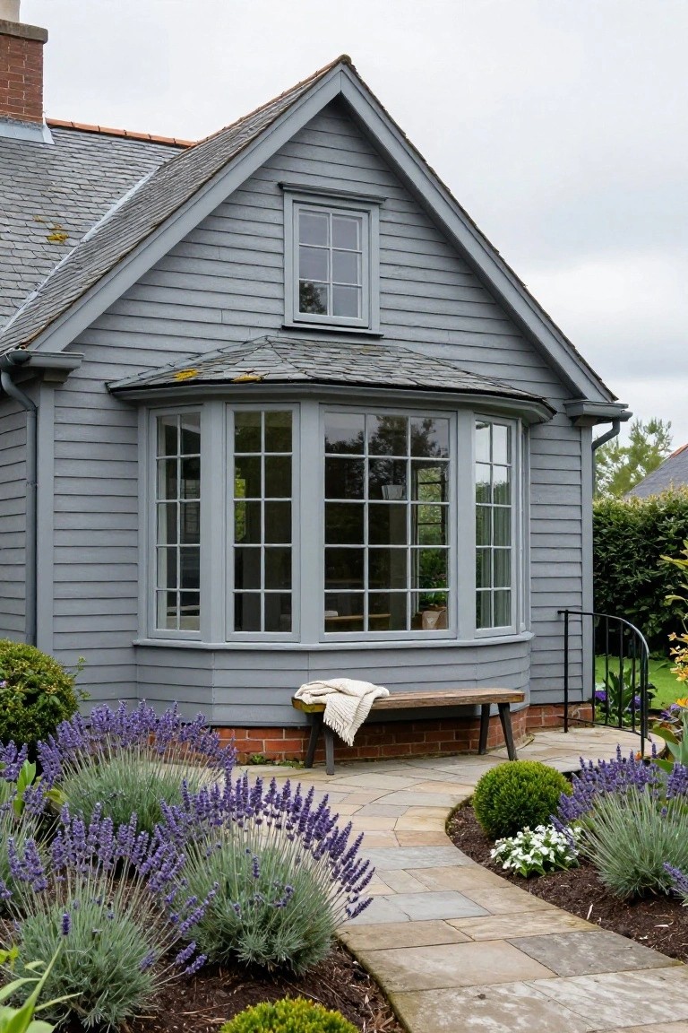 Gray clapboard house exterior with curved multi-paned bay window, wooden bench on brick base outside the window, lavender plants along a curving stone path.