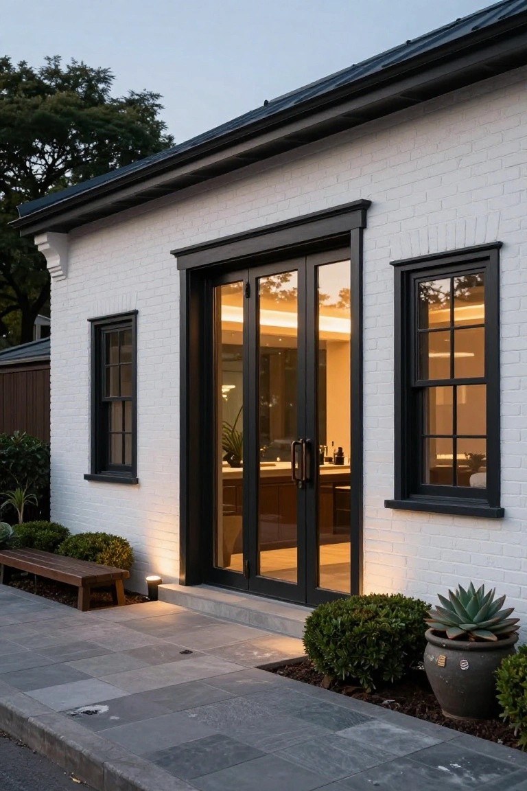 White brick house exterior with central black-framed double glass doors, flanked by black-framed multipane windows, wooden bench on stone pathway, potted agave plant, boxwood shrubs, and dusk lighting.
