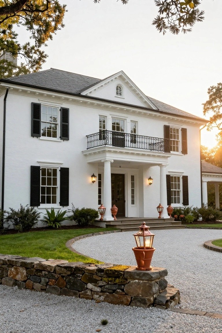 Two-story white clapboard colonial house with black shutters, columned entry porch, copper lanterns and urns, stone retaining wall, gravel driveway, and surrounding landscaping at sunset.