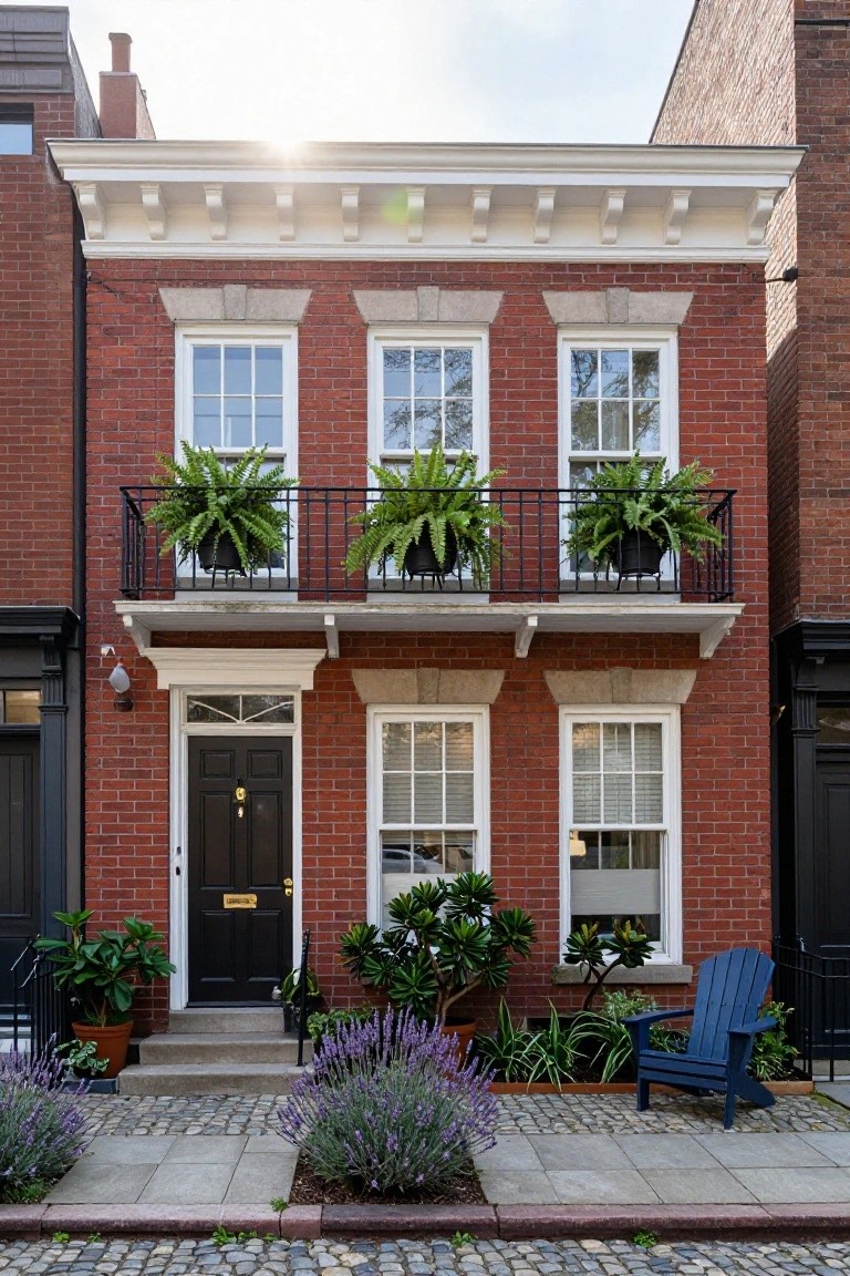 Red brick three-story rowhouse with white trim, wrought-iron balcony holding large potted ferns, dark wood front door with brass knocker and letterbox, potted plants and lavender beds flanking the entry steps on a cobblestone sidewalk next to adjacent black-doored buildings.