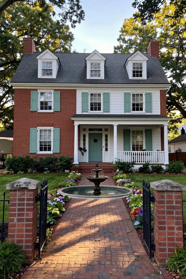 Two-story Colonial Revival house featuring red brick on the first floor, white clapboard siding on the second floor and dormers, green shutters, teal front door, columned white porch, brick pathway with fountain and flower beds, and black iron gate.