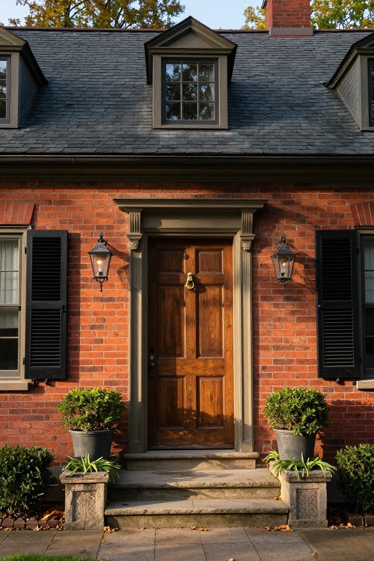 Red brick Colonial house facade with centered wooden paneled front door framed by pilasters, flanked by lanterns and shuttered windows, potted plants on stone pedestals at the steps.