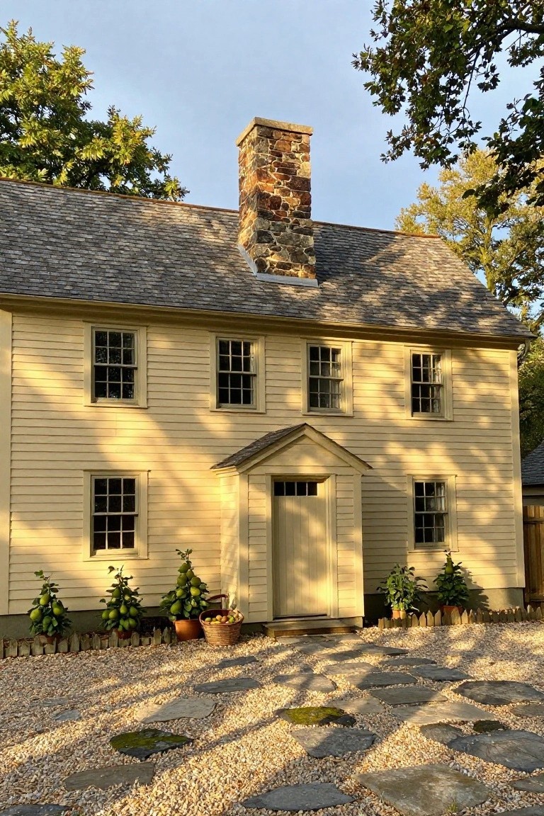 Two-story yellow clapboard Colonial house with symmetrical double-hung windows, centered entry under small pedimented porch, stone chimney on slate roof, gravel driveway with stepping stones, potted citrus trees, and surrounding oak trees.