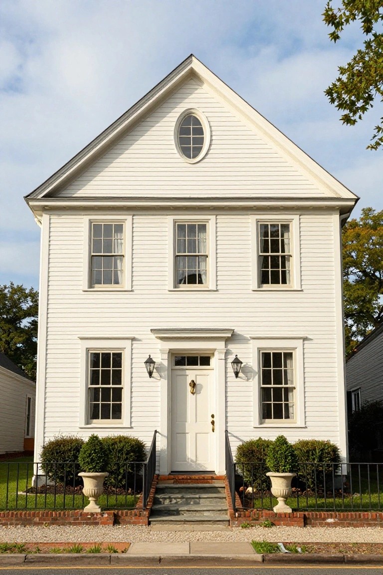 A two-story white clapboard Colonial house with symmetrical multi-pane windows, centered white front door flanked by lanterns, stone steps with iron railing, boxwood shrubs, and urns in the front yard under a partly cloudy sky.