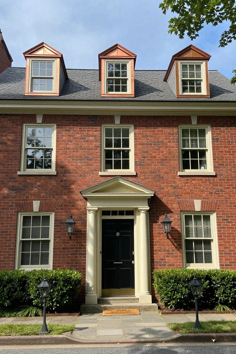 Three-story red brick Colonial Revival house with copper-roofed dormers, symmetrical double-hung windows, central pedimented portico with fluted columns, black front door, lanterns, boxwood shrubs, and slate path.