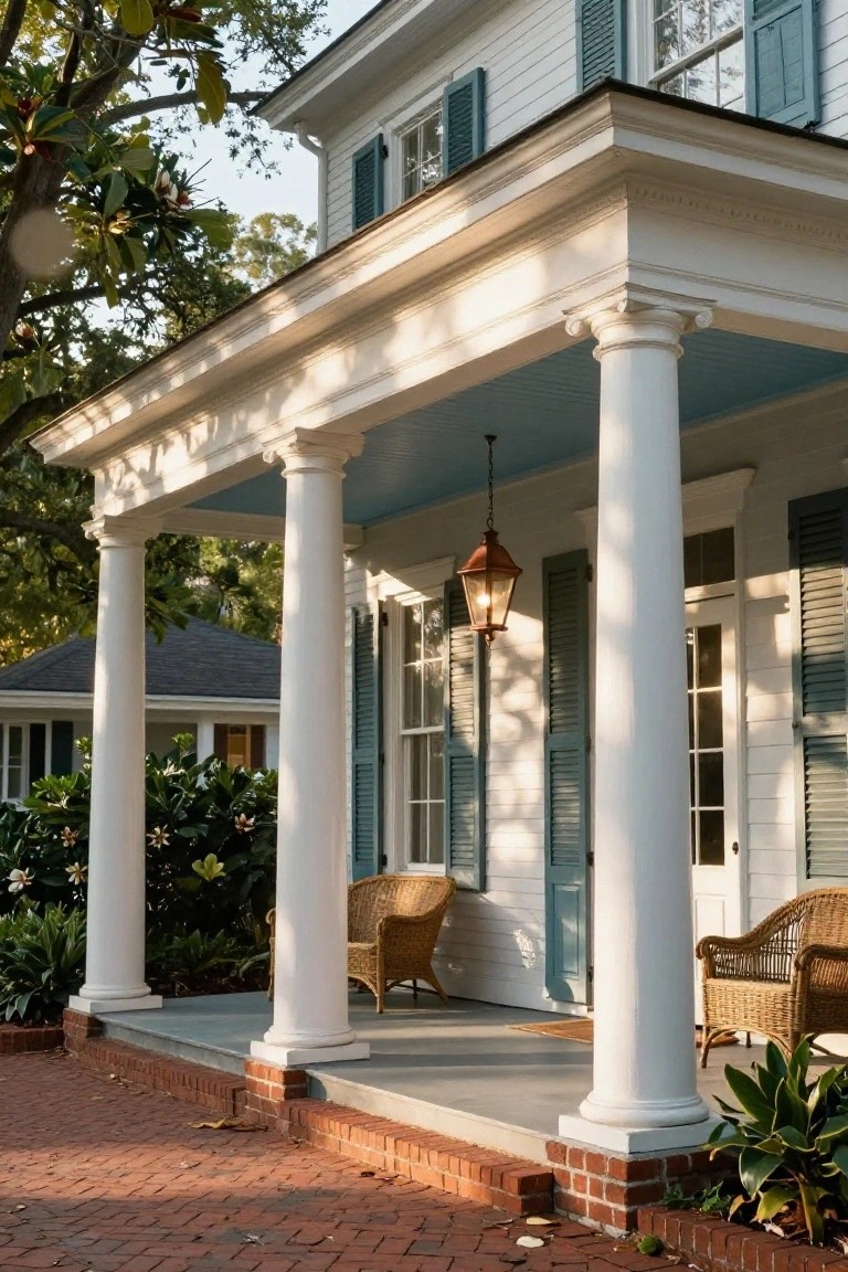 White two-story house with blue shutters and a deep covered porch supported by tall white columns, wicker chairs on the porch, lantern light, and brick path with surrounding trees and plants.