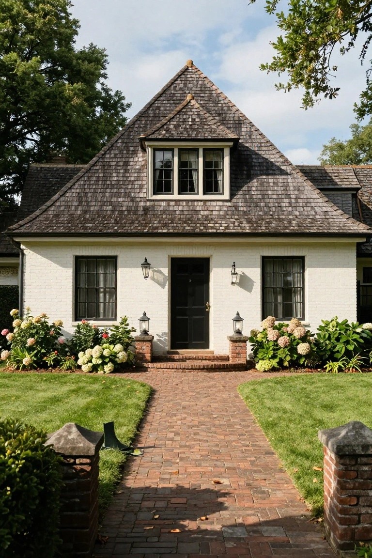 White house with steep dark shingled gabled roof and dormer window, black front door flanked by lanterns, brick pathway, hydrangea bushes, and green lawn.
