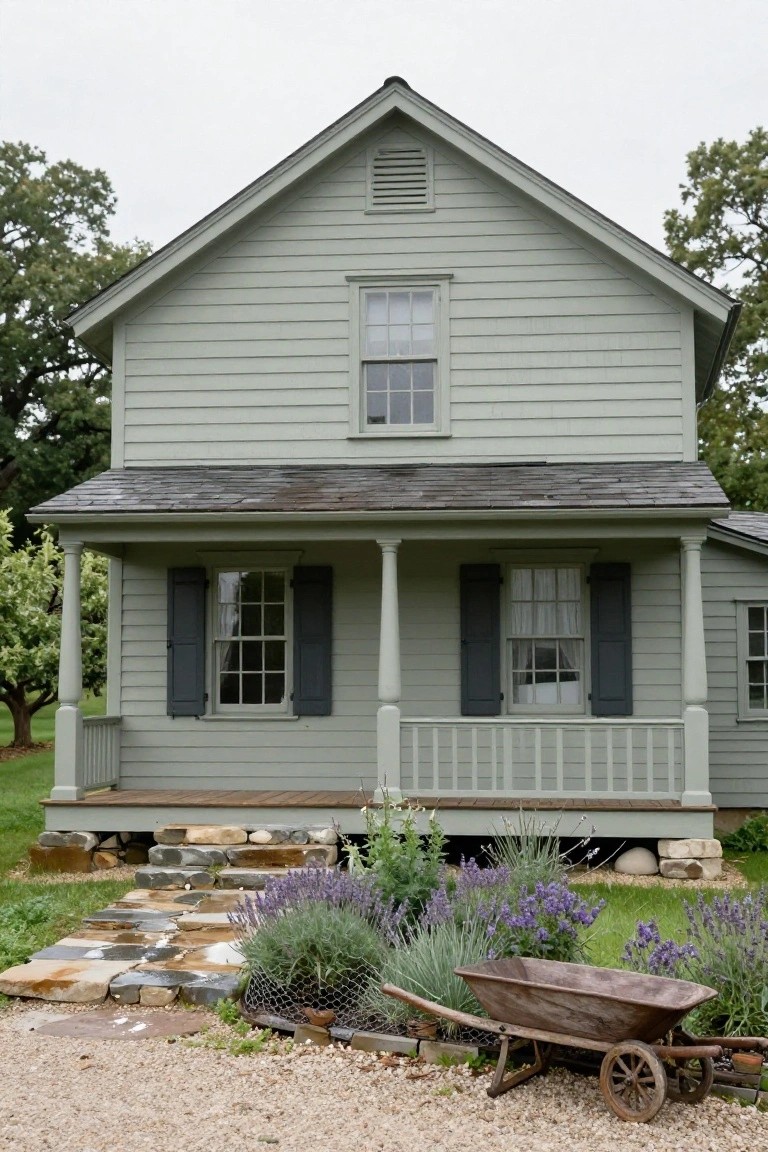 A two-story light green clapboard house with gabled roof, column-supported front porch, dark shutters on windows, stone steps, lavender plants, and a rustic wheelbarrow in the gravel yard.