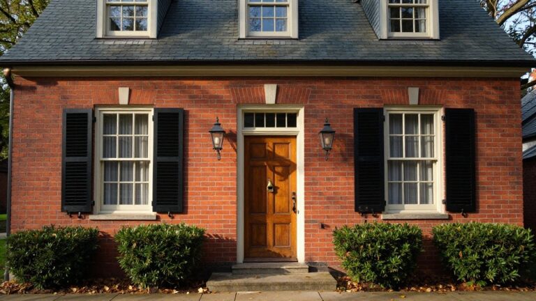 Red brick Colonial house facade with centered wooden paneled front door framed by pilasters, flanked by lanterns and shuttered windows, potted plants on stone pedestals at the steps.