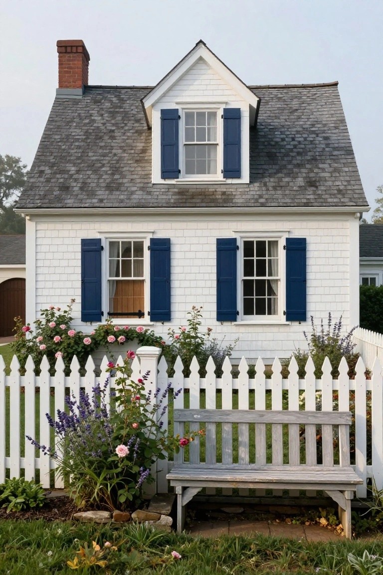 White clapboard house with navy blue shutters, gray slate roof, brick chimney, white picket fence, flower beds with roses and lavender, and a wooden bench in the front yard.