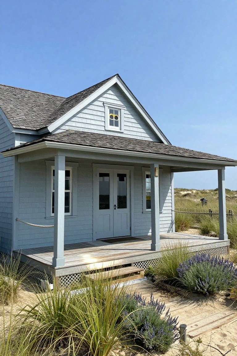 Gray shingle-clad cottage with gabled roof, covered porch, double entry doors, and surrounding beach grass and dunes under blue sky.