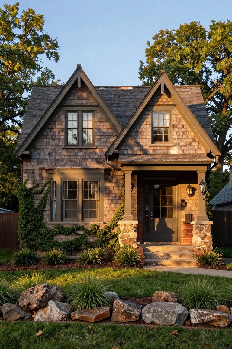 Gray shingle-sided house with gabled roof, front porch supported by stone columns, ivy on one side, large windows, and landscaped front yard with rocks and grasses.