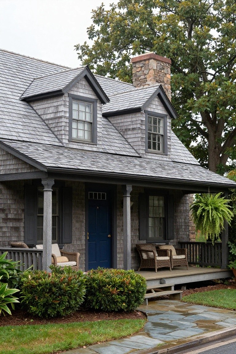 Gray shingled two-story house with gabled roof and dormers, dark trim around multipane windows, stone chimney, blue front door, covered porch with columns and wicker chairs, flanked by shrubs and large trees in the yard.