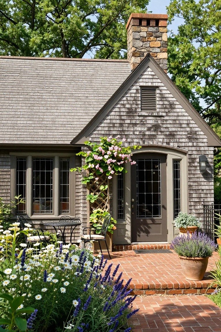Gray shingle-clad house exterior with gabled roofline, stone chimney, leaded glass entry door and flanking windows, pink climbing vine on lattice, flower beds with lavender and daisies, and brick steps to the door.