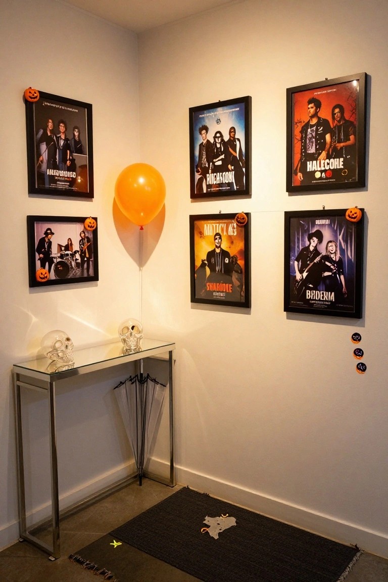 Room corner with multiple black-framed posters of 2000s rock bands on white walls, orange balloon, jack-o-lantern clips, glass skulls on a glass console table with umbrella stand, and black rug with ghost decal on floor.