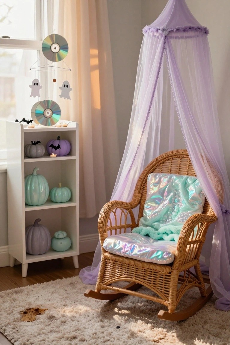 Child's bedroom corner featuring a white bookshelf with pastel pumpkins and battery candles, a purple canopy over a wicker rocking chair with iridescent green blanket, and a mobile of CDs and white ghost cutouts hanging near a curtained window on beige carpet.