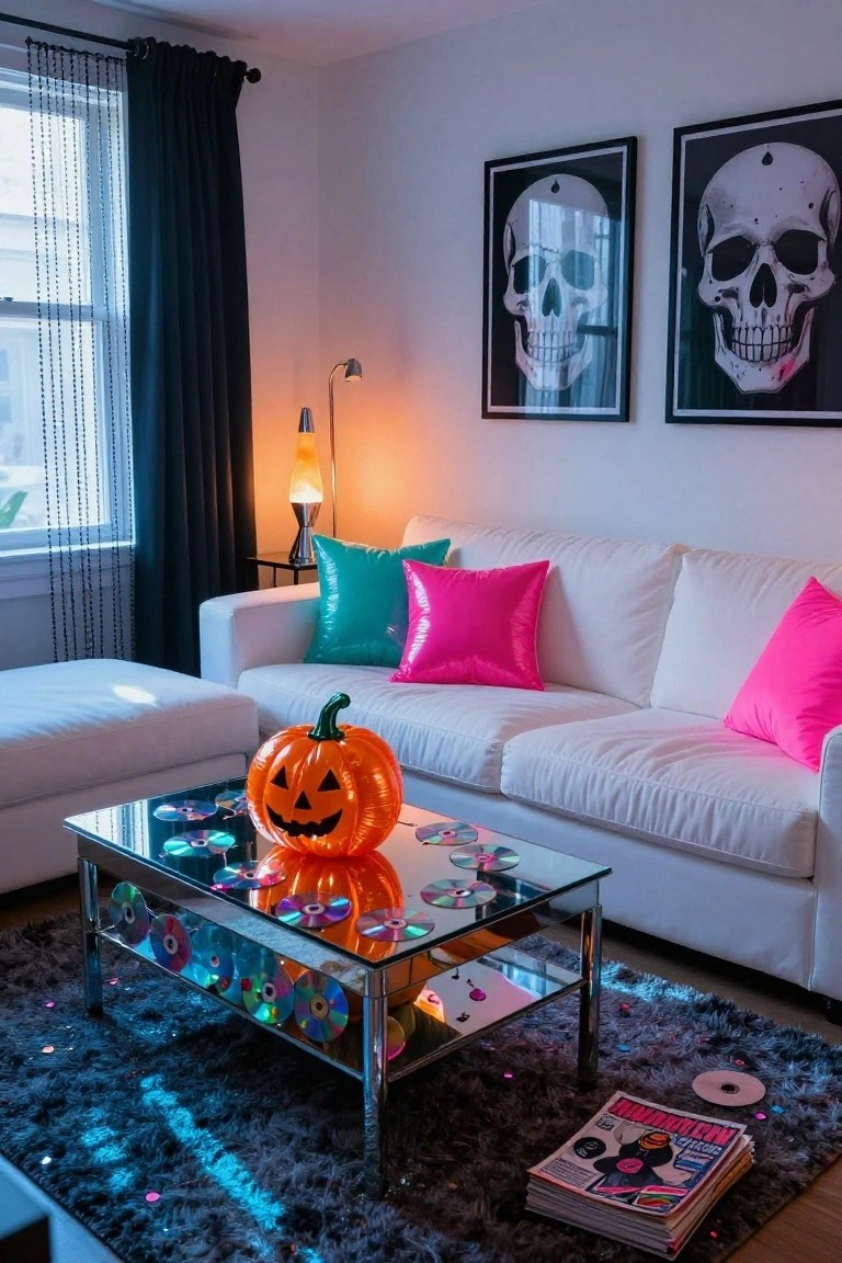 Halloween living room with white sofa, skull art, pumpkin, and CD table.