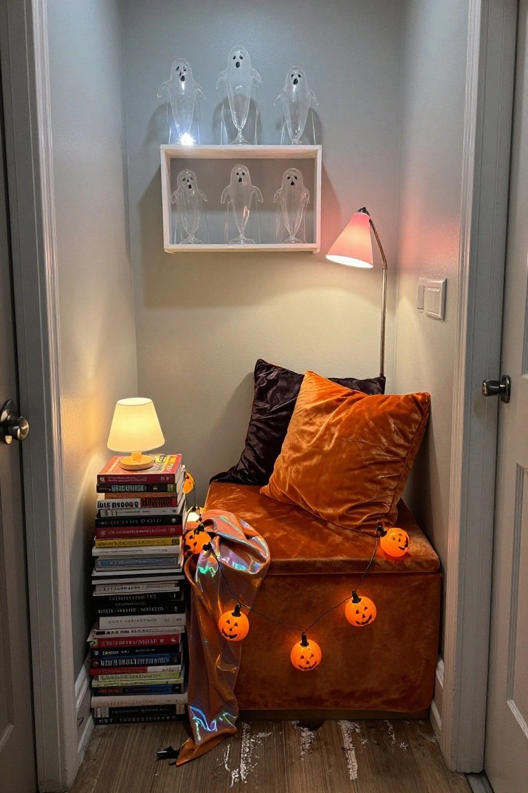 A narrow indoor closet space decorated for Halloween, with clear glass ghost figures on white shelves, an orange velvet bench with purple and orange pillows, stacks of assorted books next to a small lamp, and orange pumpkin string lights draped on the bench.