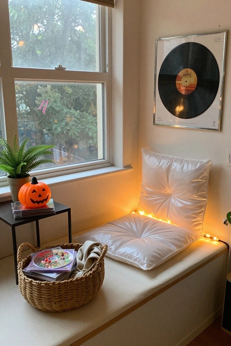 Cozy indoor window bench with white tufted cushions, yellow fairy lights glowing underneath, orange plastic Halloween pumpkin on black side table next to potted fern, woven basket holding CDs and cloth, framed black vinyl record on wall, view of rainy trees outside.