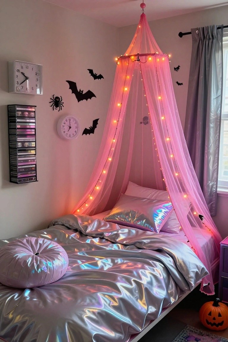 Bedroom with pink sheer canopy and fairy lights over iridescent silver bed, Halloween decorations including black bats, spider, clocks, CD rack, and orange pumpkin on floor.