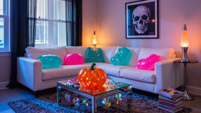 A cozy living room features a white sofa adorned with colorful inflatable pillows, a glowing orange pumpkin centerpiece, and retro decor under soft lighting.