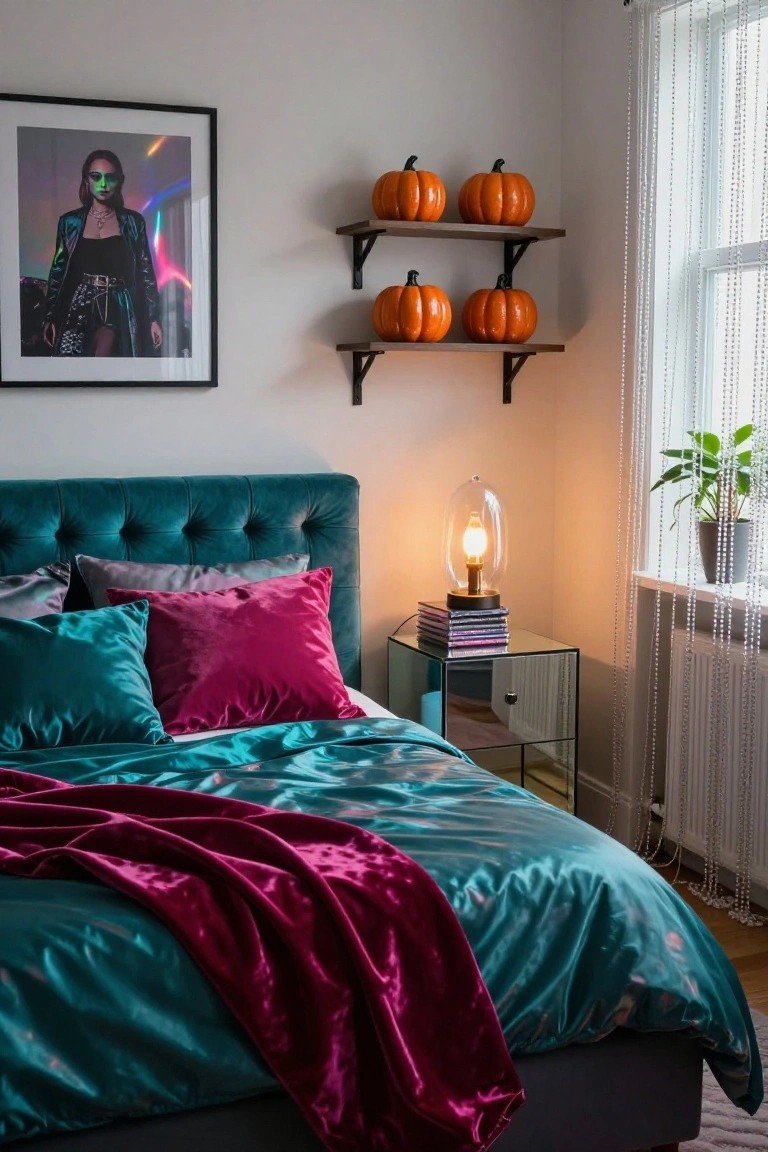 Bedroom with teal velvet headboard and shiny teal and magenta satin bedding and pillows, mirrored nightstand with glass lamp and stacked books, floating wood shelves holding four orange pumpkins, large framed holographic poster of a woman in shiny outfit on wall, beaded window curtains, and potted plant.
