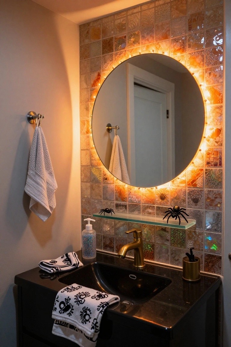 Bathroom vanity area with round mirror rimmed in orange LED lights on colorful iridescent mosaic tiled wall, black sink, gold faucet, plastic spiders on glass shelf, and Halloween towels draped nearby.