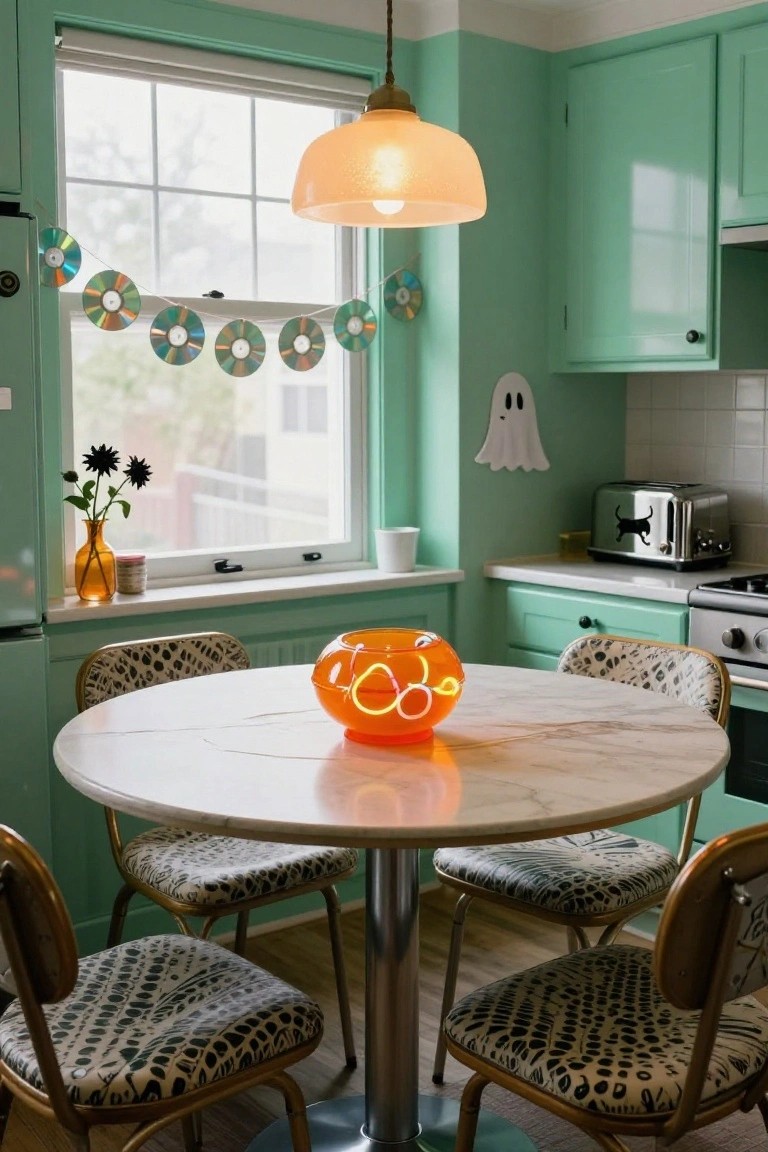 Mint green retro kitchen with a round white marble pedestal table holding a glowing orange neon pumpkin bowl centerpiece, surrounded by four zebra-patterned chairs, CD garlands on the window, a ghost wall decal, black cat toaster, and orange flower vase.