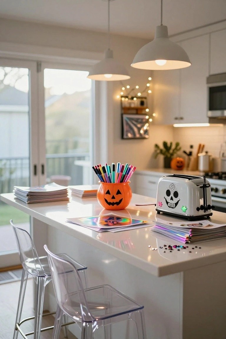 Kitchen island with white countertop holding stacked papers, colorful markers in an orange jack-o-lantern holder, a white toaster decorated with skull and flower stickers, scattered glitter, craft sheets, and two clear plastic stools, next to cabinets and sliding doors with outdoor view.