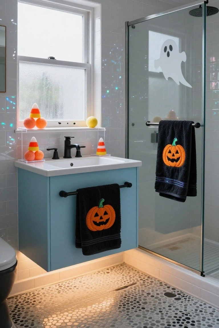 A bathroom with Halloween decorations including black towels embroidered with orange jack-o'-lanterns hanging from bars on a turquoise vanity and shower door, plastic candy corn pieces on the sink shelf, ghost sticker on shower glass, and pebble tile floor.