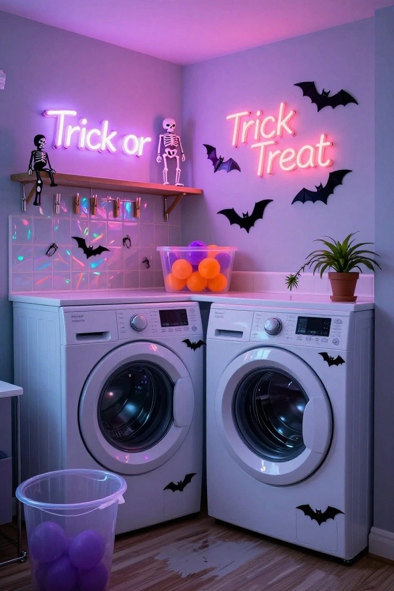 A laundry room corner with two white front-loading washers decorated with black bat stickers, pink neon "Trick or Treat" signs on the wall above shelves holding skeleton figures, orange balls in a clear bin on the counter, purple balloons in a bucket on the floor, and various bat decorations.