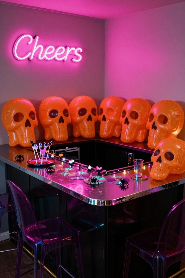 Neon-lit bar with orange skull inflatables and purple stools.