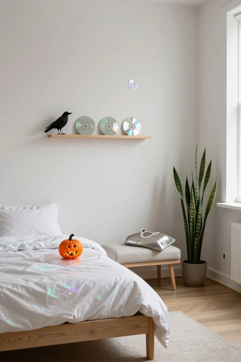 Minimalist bedroom corner with light wood bed draped in iridescent white sheets and a small carved pumpkin on a tray, wooden shelf above displaying a black crow figurine and three reflective CDs, tall snake plant in corner, silver bag on bench, and white walls with window.