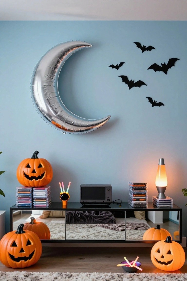 Blue-walled living room corner with black mirrored TV console holding microwave, media player, CD stacks, orange jack-o-lantern pumpkins on sides, lava lamp, glow sticks, silver crescent moon balloon above, and bat wall stickers.